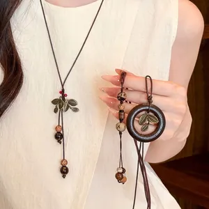 Bohemian Vintage Wood Bodhi Seed Beaded Pendant Necklace With Alloy Leaf For Women Handmade Long Sweater Chain Jewelry