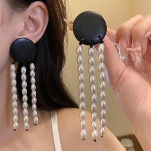 Vintage Round Wood Artificial Pearl Tassel Drop Earrings Women Geometric Handmade Jewelry Silver Earring Post Accessory