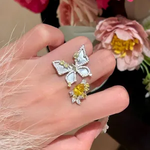 Women Light Luxury Copper Butterfly Flower Ring With Yellow Pear Cut Rhinestone Silver Plated Adjustable Finger Ring Jewelry Gift