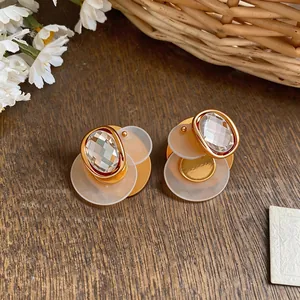 Elegant 18k gold plated geometric earrings with clear zircon crystals and frosted discs