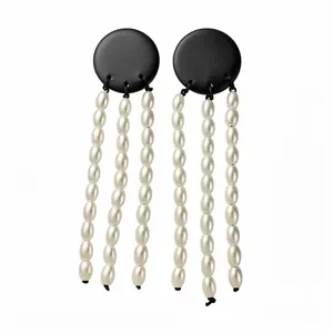 Vintage geometric black wood circular earrings with elegant white pearl tassels for women