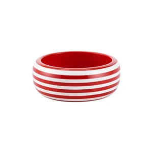 Stylish minimalist red and white horizontal striped resin bangle bracelet for women