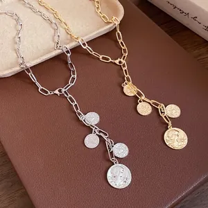 Vintage Alloy Coin Portrait Pendant Necklace For Women Retro Light Luxury Gold Silver Plated Multi Tassel Chain Necklace