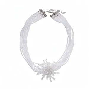 Exquisite multi-layer white beaded necklace featuring a large crystal flower pendant
