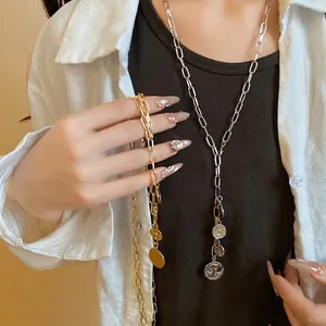 Fashion metal chain necklace with vintage portrait coin pendants and tassels