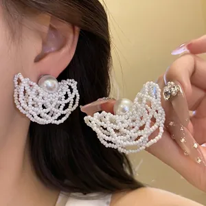 Elegant Artificial Pearl Beaded Hollow Out Stud Earrings For Women Minimalist Geometric Design Jewelry With Silver Earring Post