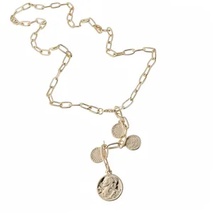 Vintage gold chain necklace featuring multiple portrait coin pendants on white background