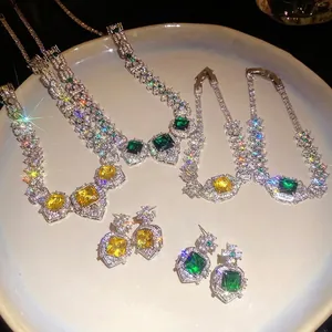 Luxury vintage square zircon necklace bracelet and earrings jewelry set for women