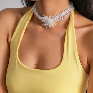 Close-up detail of a multi-layered crystal flower choker necklace worn by a model
