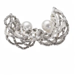 Elegant vintage multi-strand pearl and silver textured bead hollow stud earrings for women