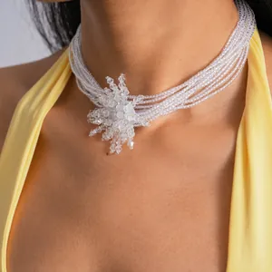 Close-up detail of a stunning multi-layer clear crystal choker featuring a large snowflake pendant