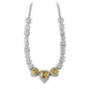 Exquisite court style necklace featuring square yellow zircons and sparkling clear stones.
