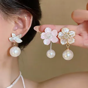Elegant Cherry Blossom Pearl Stud Earrings With Enamel Drip Oil Floral Rhinestone Studs For Women Sweet Jewelry Gift