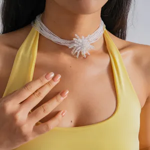 Detailed close-up shot of a multi-layer crystal flower choker necklace on a model