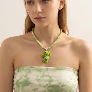 Elegant cute green plush bear pendant necklace with pastel green pearls for women jewelry