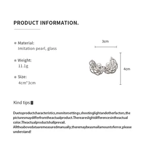 Product specifications showing size and material of hollow beaded pearl stud earrings.