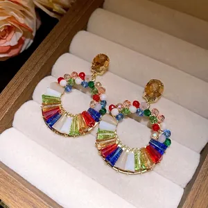 Elegant colorful crystal round hoop earrings with silver needles and vibrant gemstones