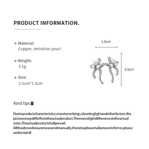 Product detail view showing bow-knot pearl earrings with material and size specifications.