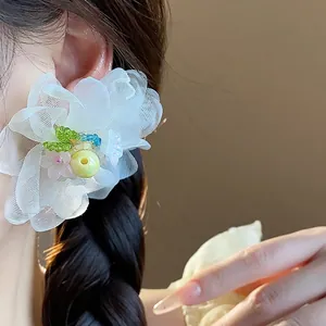 Handmade white chiffon flower stud earrings with colorful beads and silver needles for women