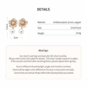 Detailed view of cherry blossom pearl earrings with dimensions and material specs.
