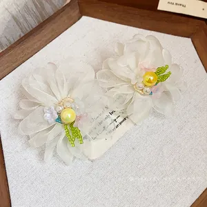 Elegant handmade chiffon flower pearl stud earrings for a sweet and fresh vacation look