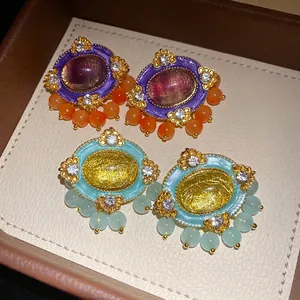 Vintage court style resin oval earrings with rhinestones and colorful bead dangles