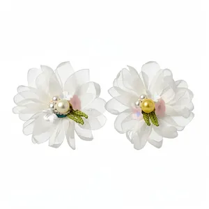 Elegant sweet chiffon flower earrings with pearls and silver needles for a fresh look