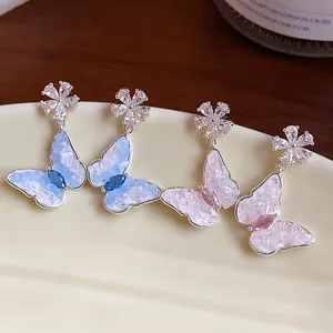 Fashion 925 Sterling Silver Earring Post Zirconia Butterfly Flower Stud Earrings For Women Copper Inlaid Luxury Jewelry Gift