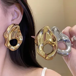 Pendientes de Botón Huecos con Arrugas de Metal Irregulares Poste de Plata Geométricos Exagerados Joyería para Mujer