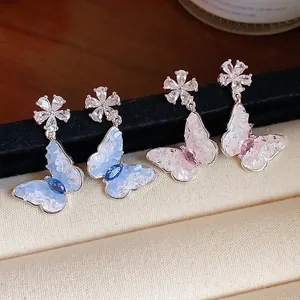 Exquisite silver-needle butterfly and flower dangle earrings with cubic zirconia