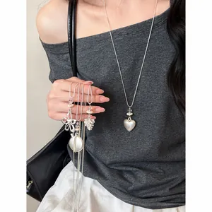 Collier Pendentif en Perles d'Alliage d'Argent de Style Coréen pour Femmes Design Cœur Fleur Étoile Chaîne Longue Réglable Bijoux
