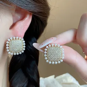 Elegant square pearl and zircon stud earrings for women with S925 silver needle.
