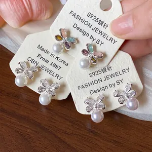 French Elegant Butterfly Stud Earrings With 925 Sterling Silver Post Zirconia Artificial Pearl Fashion Jewelry For Women