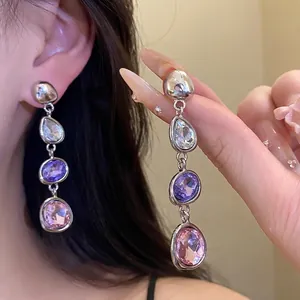 Lussuosi Orecchini a Goccia in Lega con Strass per Donna Moda Ovali Viola Rosa Cristallo Pendenti Perno in Argento