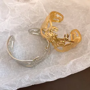 Vintage hollow metallic crab and sea conch design open cuff bracelets in gold and silver