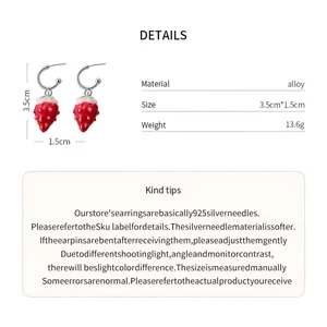 Detailed product specifications of red enamel strawberry drop earrings with alloy hooks
