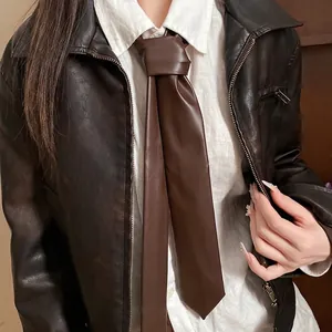 American retro brown leather tie necklace for women, stylish vintage fashion accessory