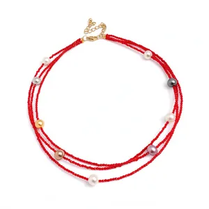 Multi-strand red beaded necklace with colorful imitation pearls, vintage choker style