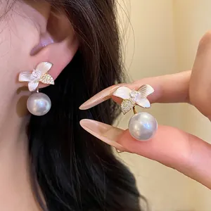 Elegant 925 Sterling Silver Earring Post Artificial Pearl Flower Stud Earrings Fashion Zirconia Floral Earrings For Women Jewelry