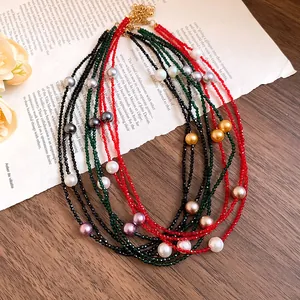 Detail view of an elegant multi-strand beaded necklace featuring colorful simulated pearls.