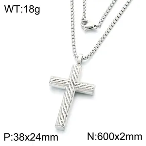 Polished silver men's stainless steel cross pendant necklace with textured diagonal pattern