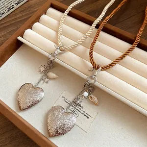 Vintage Silver Heart Locket Pendant Necklace Woven Rope Chain With Shell Starfish Charms Bohemian Niche Jewelry For Women