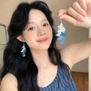 Fairy Style Gradient Paint Hollow Butterfly Tassel Drop Earrings For Women Elegant Alloy Long Dangle Earrings With Steel Post