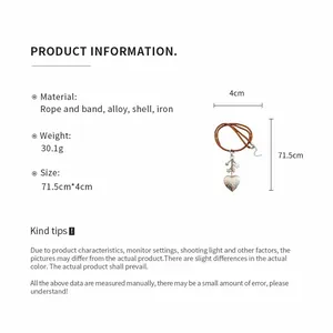 Detailed specifications for long rope necklace with silver heart and shell charms