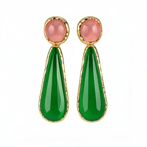Vintage pink and green resin water drop earrings with gold finish and silver needles