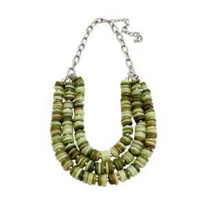 Bohemian style green three-layer shell beaded necklace with silver chain link
