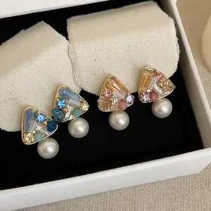 18K Gold Plated Σκουλαρίκια Καρφωτά Τρίγωνο Στρας Τεχνητό Μαργαριτάρι Με Ασημένια Καρφίτσα Κομψά Κοσμήματα Πολυτελείας για Γυναίκες