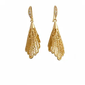 Elegant 18k gold plated hollow lattice drop earrings with sparkling zircon stones.