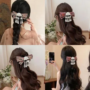 Vintage Bohemian Webbing Duckbill Clip For Women Ethnic Style Fabric Bow Tassel Hairpin Elegant Headwear Decoration Accessories