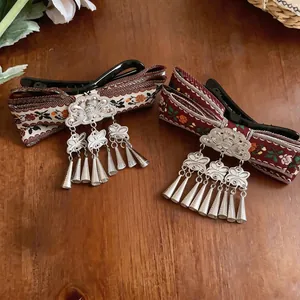 Vintage Bohemian ethnic style hair clips with embroidered ribbon and silver metal tassels